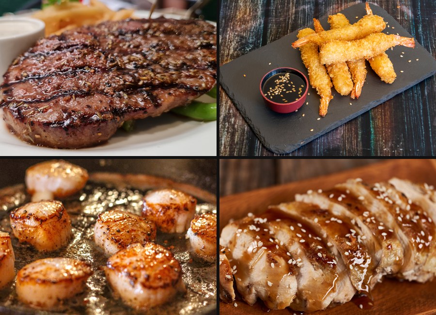 A fresh made-to-order spread of steak, shrimp tempura, scallops, and salmon at Best Pho House